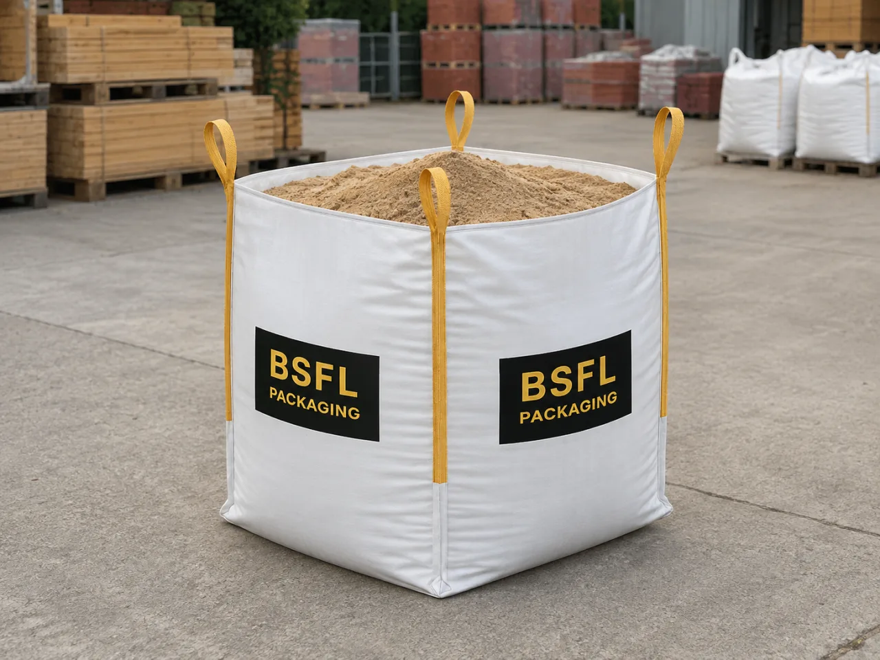 BSFL bulk bag filled with sand in a builders yard, with yellow lifting loops.
